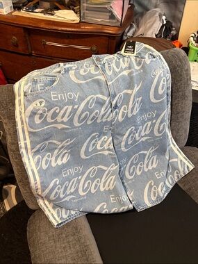 Adidas,Coca-Cola Light Blue & White Logo Denim Jorts, Brand new,cut small